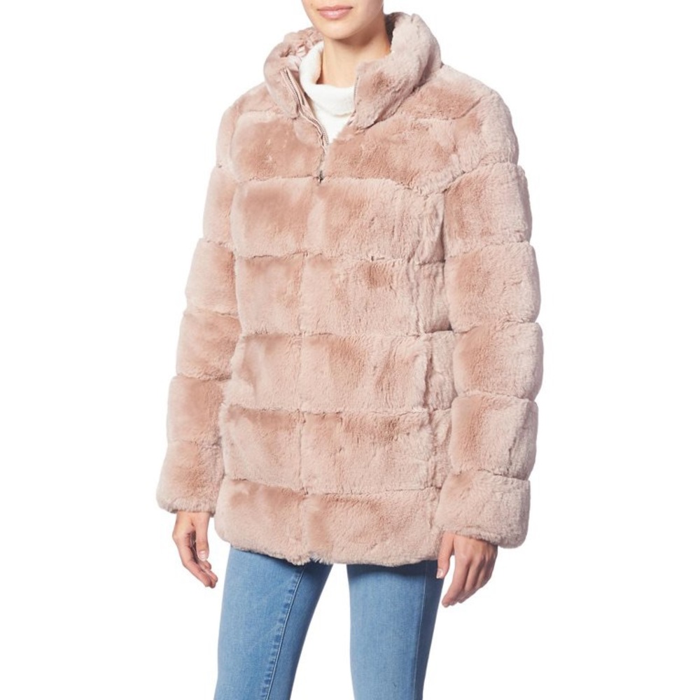 Light pink Via Spiga Faux Fur Jacket Reversible Coat with Stand Collar medium - Picture 2 of 8